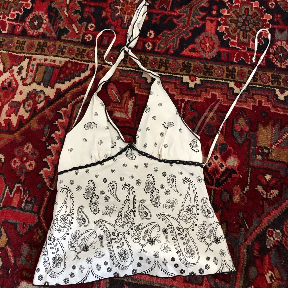 white and black paisley pattern halter top